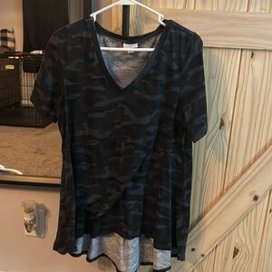 Lularoe high low shirt with charcoal and grey camo
